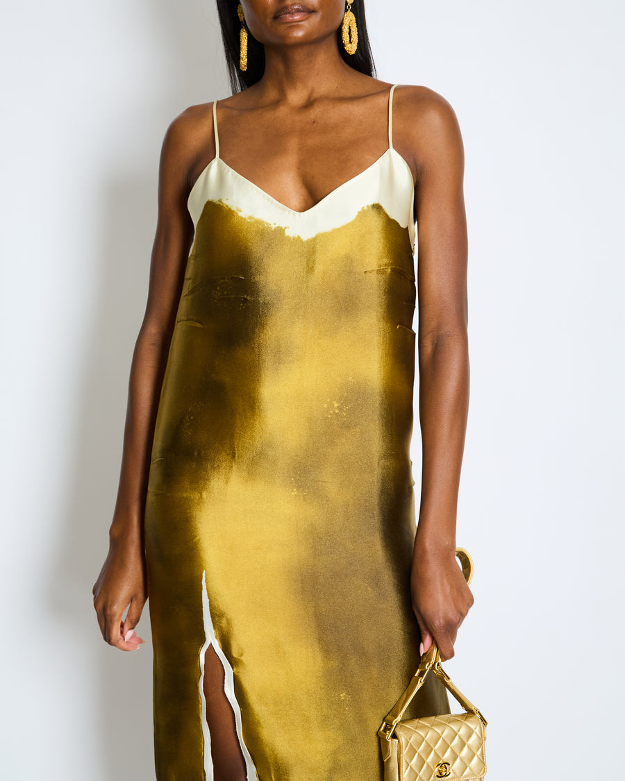 Prada SS/23 Green Tie Dye Printed Satin Strap Dress with Embroidered Plaque Detail Size IT 42 (UK 10)