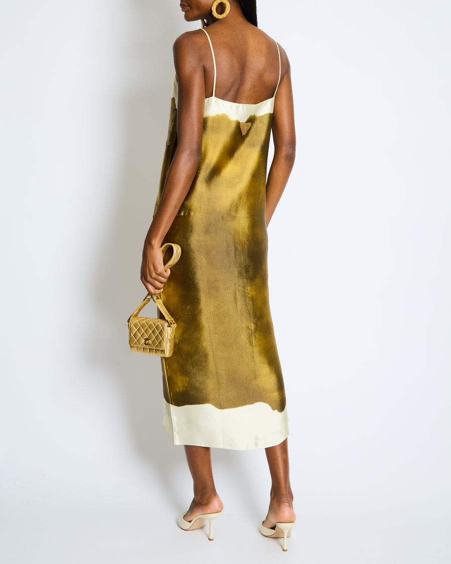 Prada SS/23 Green Tie Dye Printed Satin Strap Dress with Embroidered Plaque Detail Size IT 42 (UK 10)