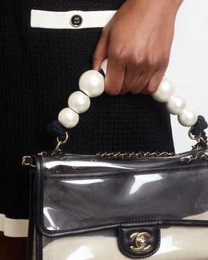 Chanel Black, Cream Trim Detail Tweed Short Sleeve V-Neck Dress with Pockets and CC Buttons Details Size FR 34 (UK 6)