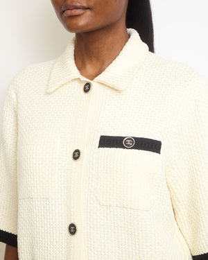 Chanel Cream Tweed Over-Sized Short Sleeve Shirt with Black Trim Detail and CC Buttons Size FR 36 (UK 8)