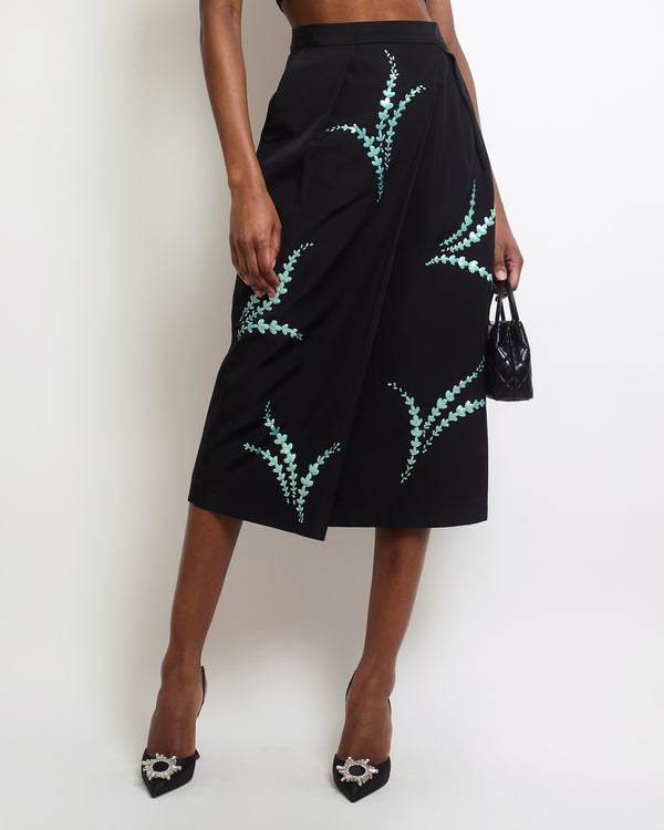 Dries Van Noten Black Midi Skirt with Turquoise Sequins Detail IT 38 (UK 6)