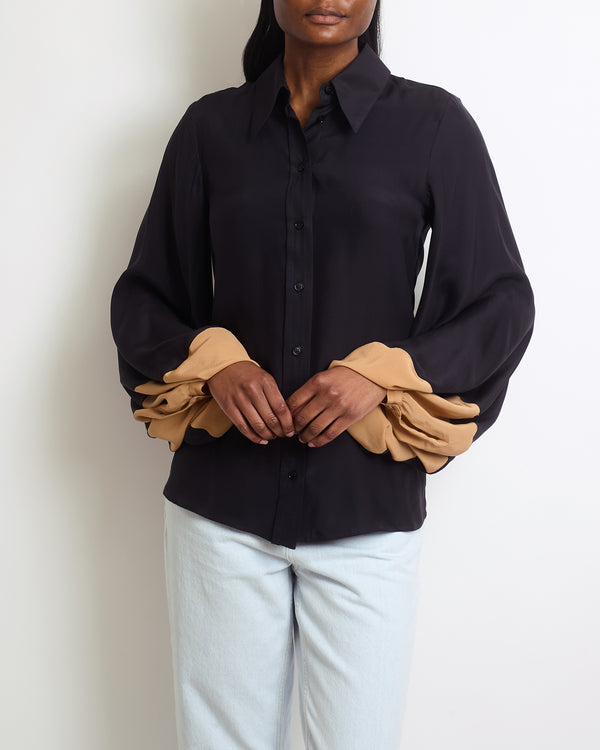Stella McCartney Black Button Down Shirt with Brown Cuffs Detail Size IT 38 (UK 6)