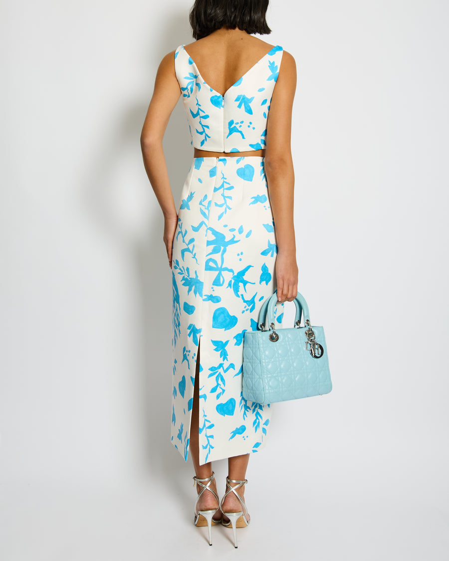 Emilia Wickstead White and Blue Floral Printed Crop Top and Midi Skirt Set Size UK 12