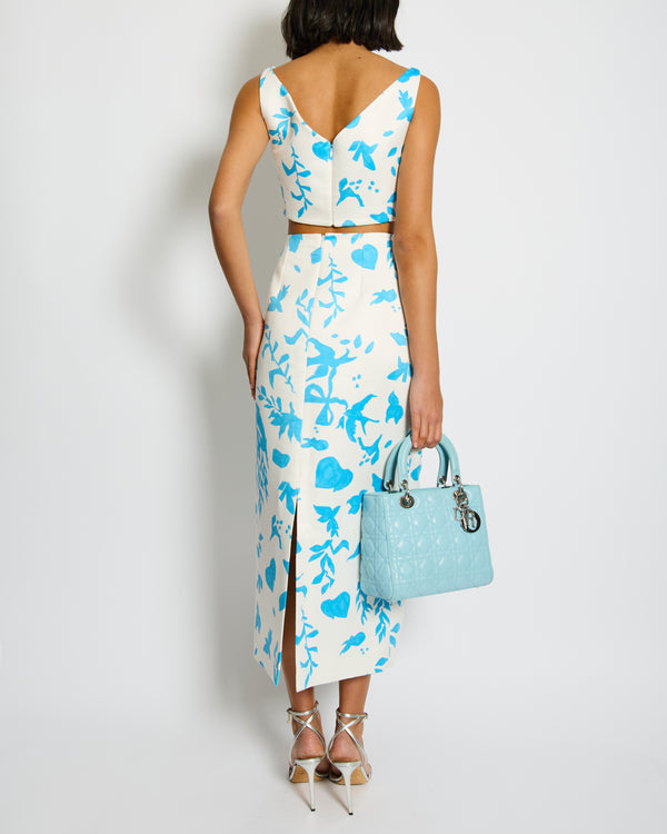 Emilia Wickstead White and Blue Floral Printed Crop Top and Midi Skirt Set Size UK 12