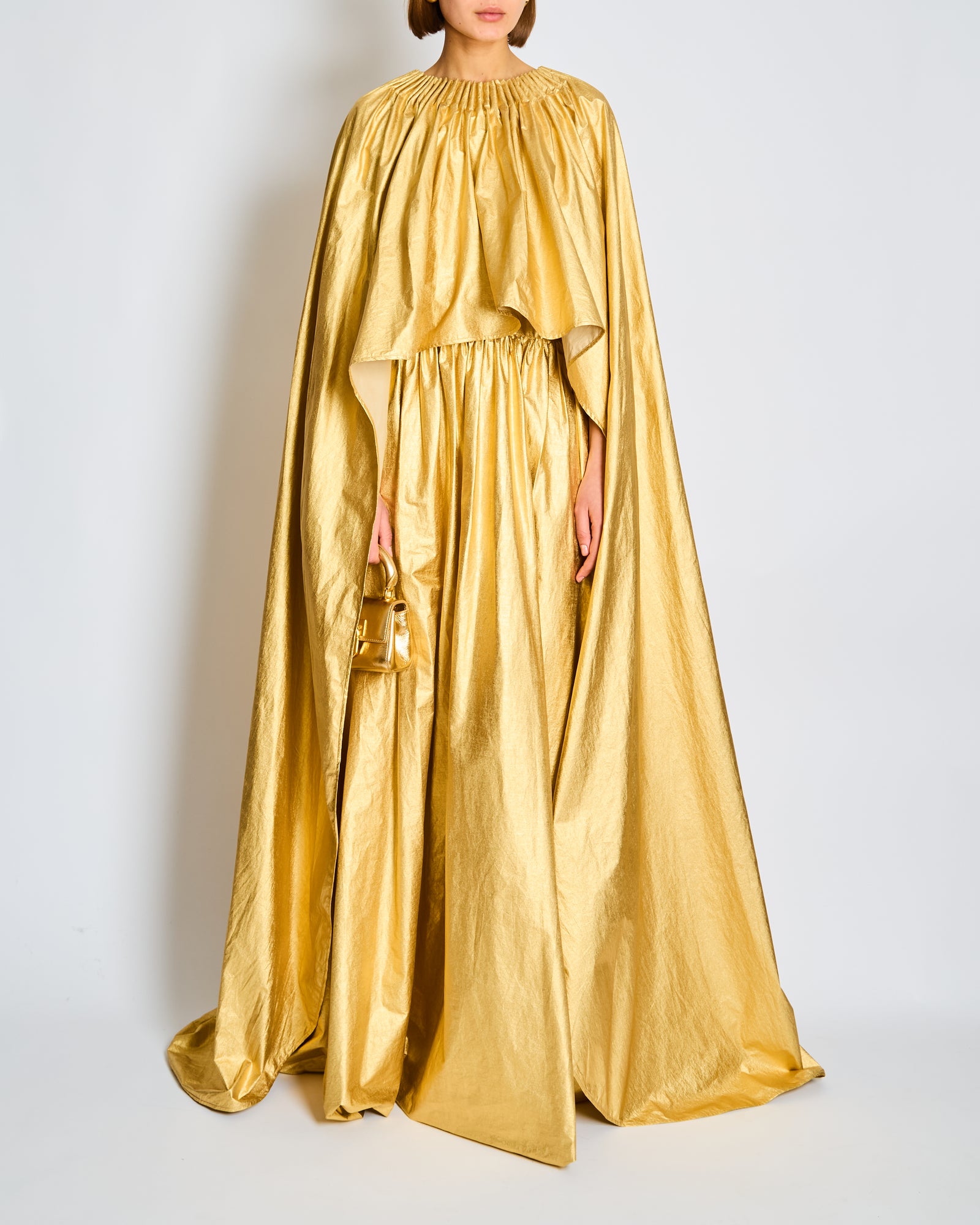 Schiaparelli Gold Ruched Metallic Maxi Cape Dress Size FR 38 (UK 10) –  Sellier