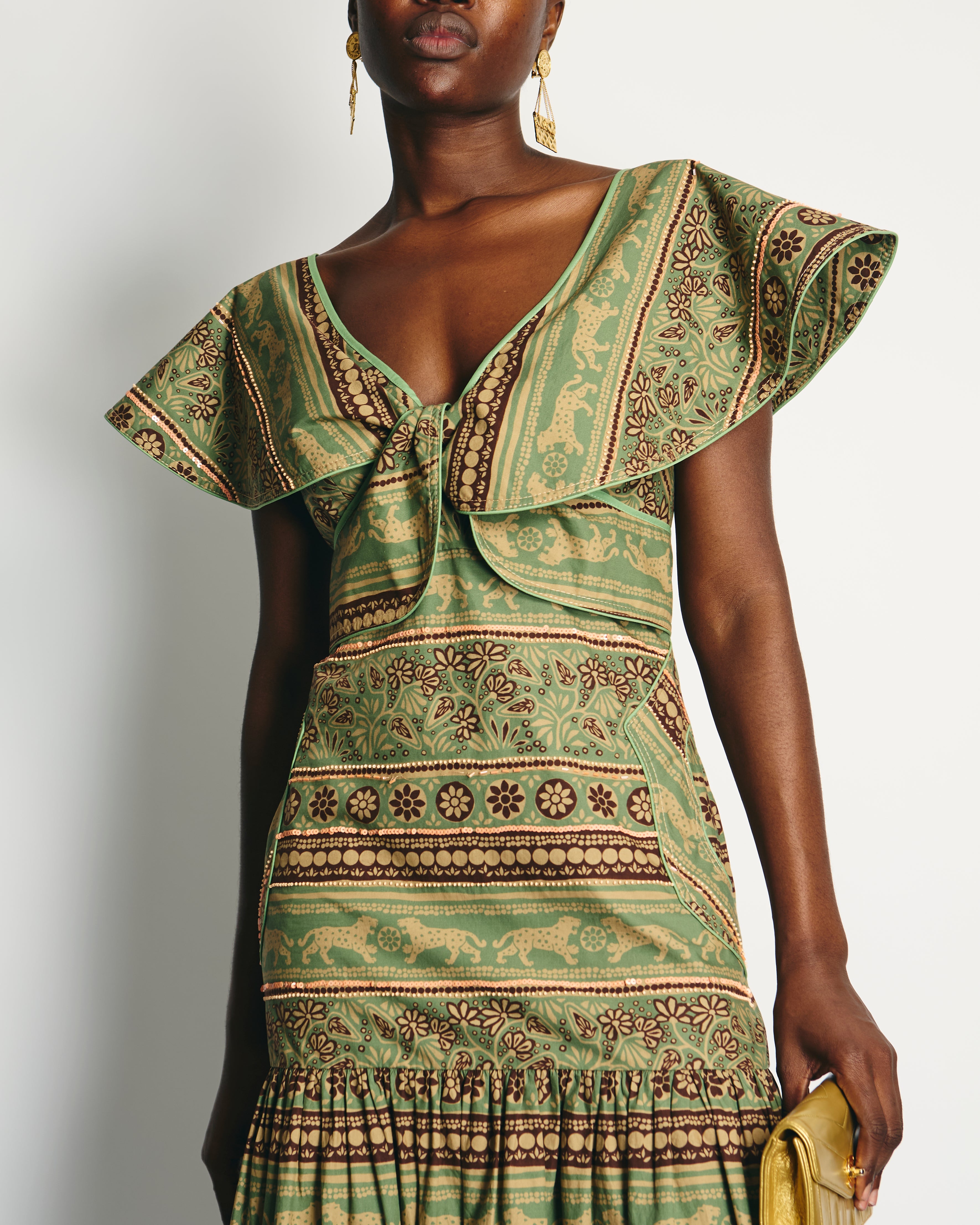 Johanna Ortiz Green and Pink Abstract Print Maxi Dress with