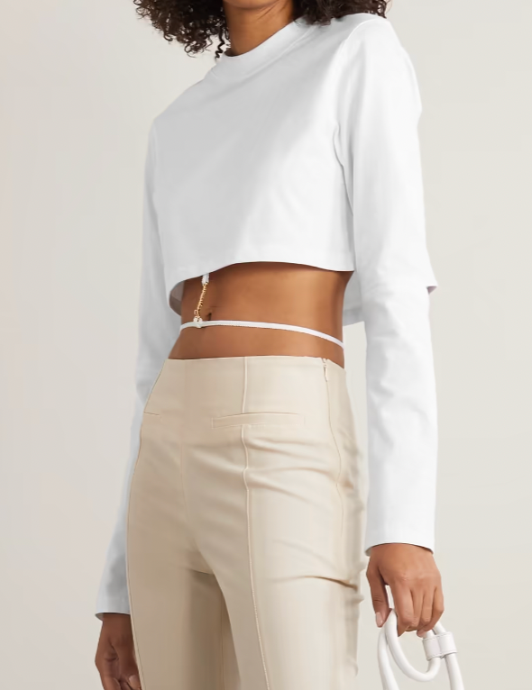 Jacquemus White Cropped Long-sleeve Top with Gold Logo Detail Size XS (UK 6)