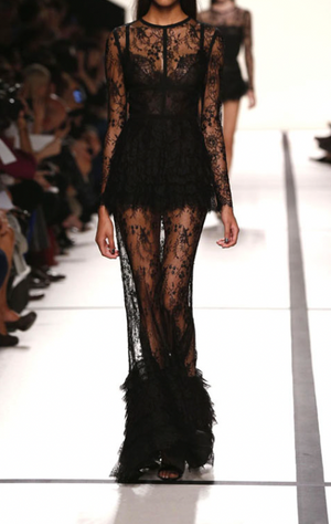 Elie Saab Black Lace Gown with Ruffle Detailing Size FR 34 (UK 6)
