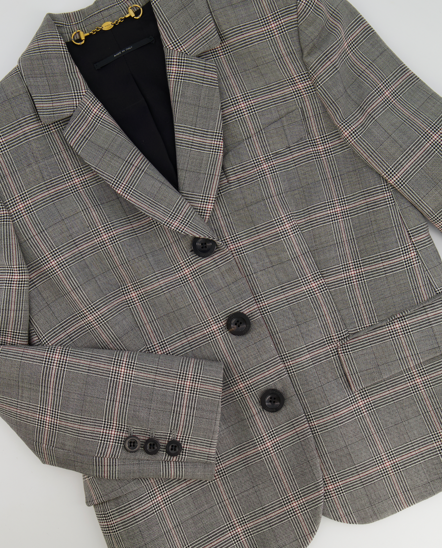 Gucci Grey Wool Checked Blazer Jacket with Logo Buttons Size IT 38 (UK 6)