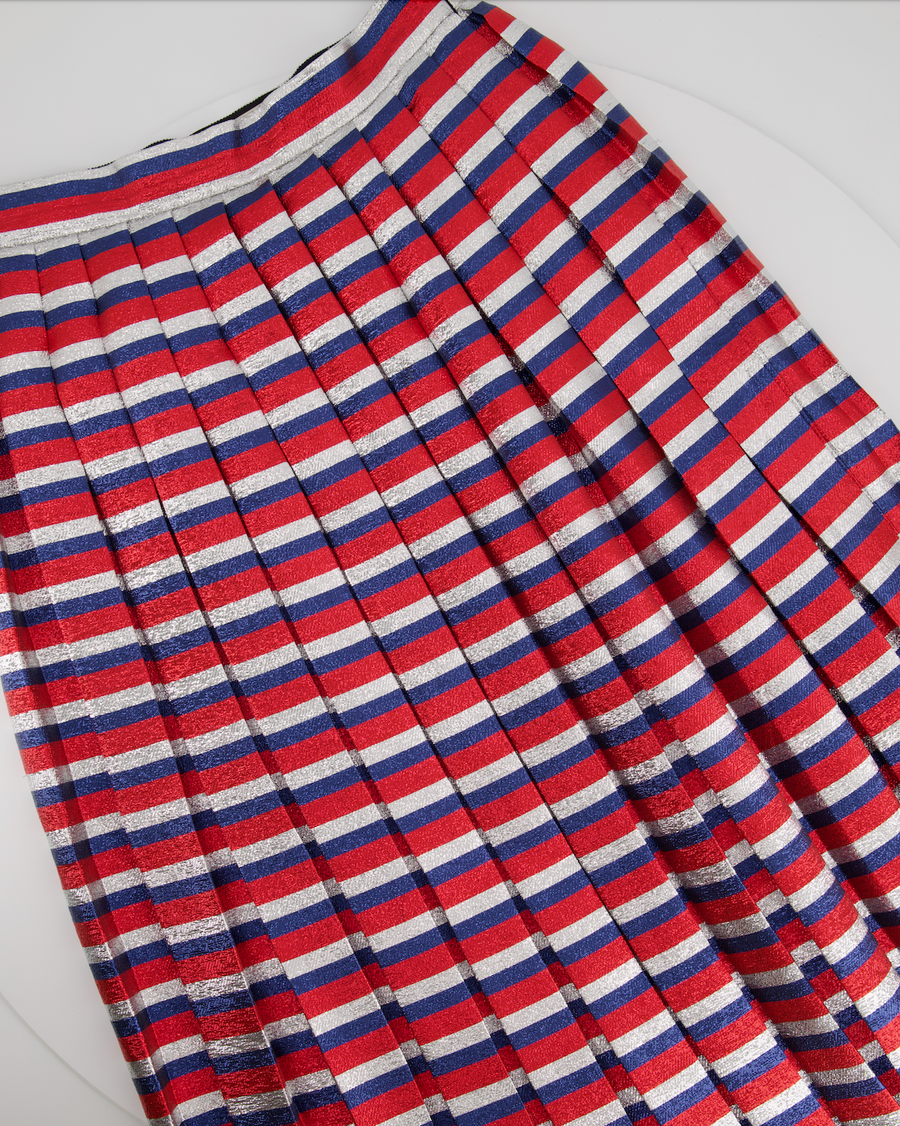 Gucci Metallic Red, Navy, Silver Stripe Pleated Midi Skirt Size IT 42 (UK 10)