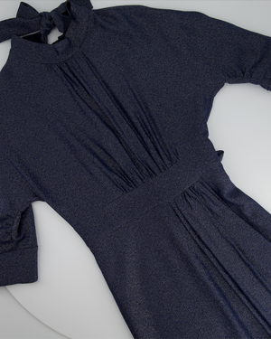 Prada Navy, Silver Glitter High-Neck Ruched Midi Dress with Tie Detail Size IT 42 (UK 10)