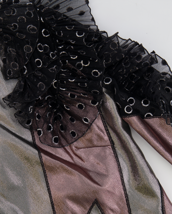 Alberta Ferretti Black Tulle Polka Dot, Silver, and Pink Metallic Mini Dress Size IT 40 (UK 8)