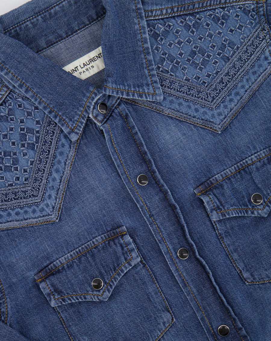Saint Laurent Blue Denim Button-Up Shirt with Embroideries Size S (UK 8)