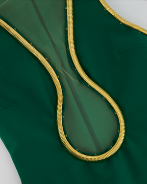 Elie Saab Fall 2022 Emerald Green Mesh Maxi Dress with Gold Trim Detail Size FR 36 (UK 8)