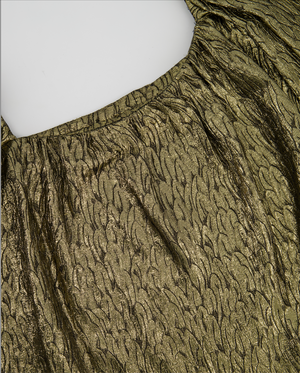 Saint Laurent Gold Off-Shoulder Longsleeved Top with Feather Print Detail Size FR 36 (UK 8)