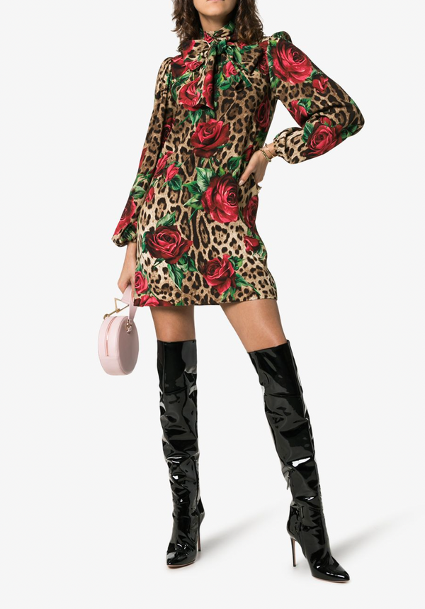 Dolce & Gabbana Brown Leopard Silk Floral Dress with Tie-Neck Detail Size IT 46 (UK 14)