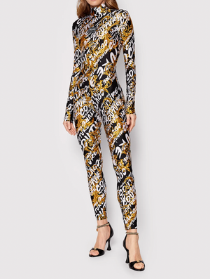 Versace Jeans Couture Black, Gold and White Brocade Printed Jumpsuit Size UK 12
