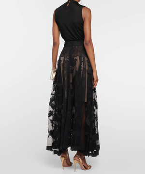Oscar de la Renta Black Floral Lace Midi Skirt Size US 8 (UK 12) RRP £1,950