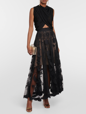 Oscar de la Renta Black Floral Lace Midi Skirt Size US 8 (UK 12) RRP £1,950