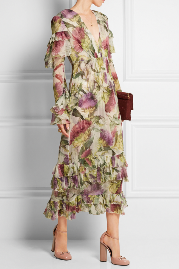 Gucci Green and Purple Floral Silk Ruffle Maxi Dress Size IT 42 (UK 10)