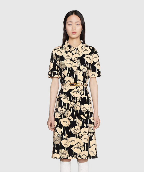 Gucci Beige and Black Poppy Flower Printed Midi Dres with Logo Belt Size M (UK 10) RRP £2,150