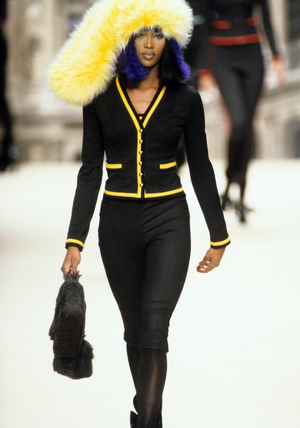 *HOT* Chanel 1994 Vintage Black and Yellow Wool Jacket & Midi Skirt Set with CC Logo Button Details Size FR 40 (UK 12)
