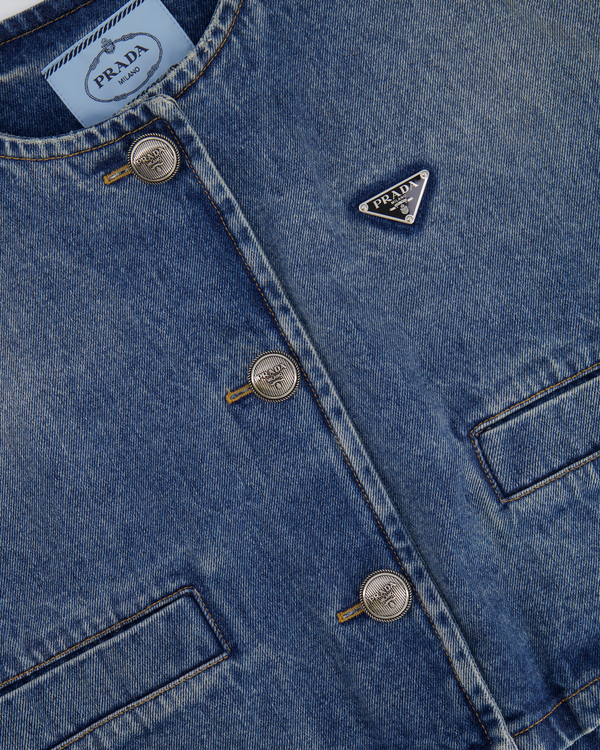 Prada Denim Blue Cropped Jacket with Silver Button Detail Size IT 38 (UK 6)