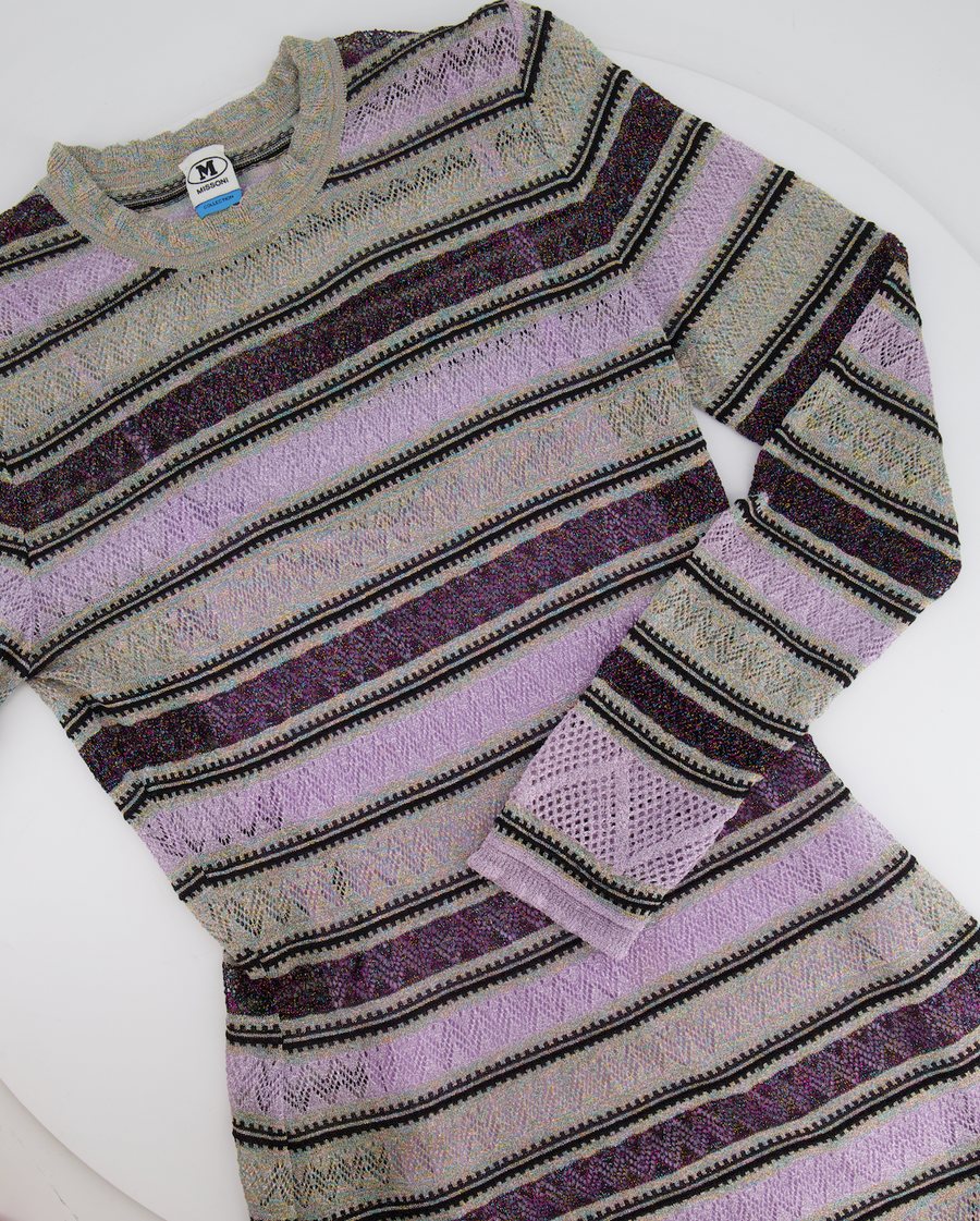 M Missoni Purple Metallic Striped Long-Sleeve Midi Dress Size IT 46 (UK 14)