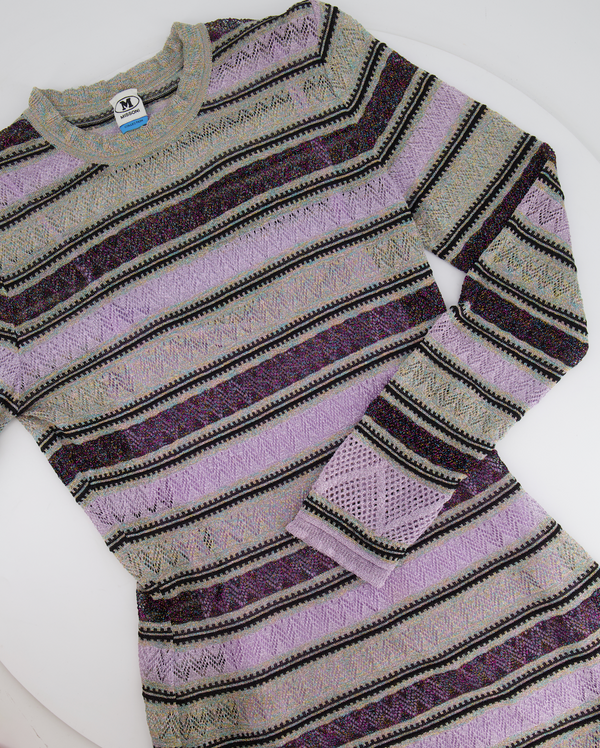 M Missoni Purple Metallic Striped Long-Sleeve Midi Dress Size IT 46 (UK 14)