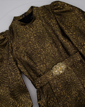 Andrew GN Belted Gold Metallic Puff Sleeve Mini Dress Size FR 38 (UK 10)