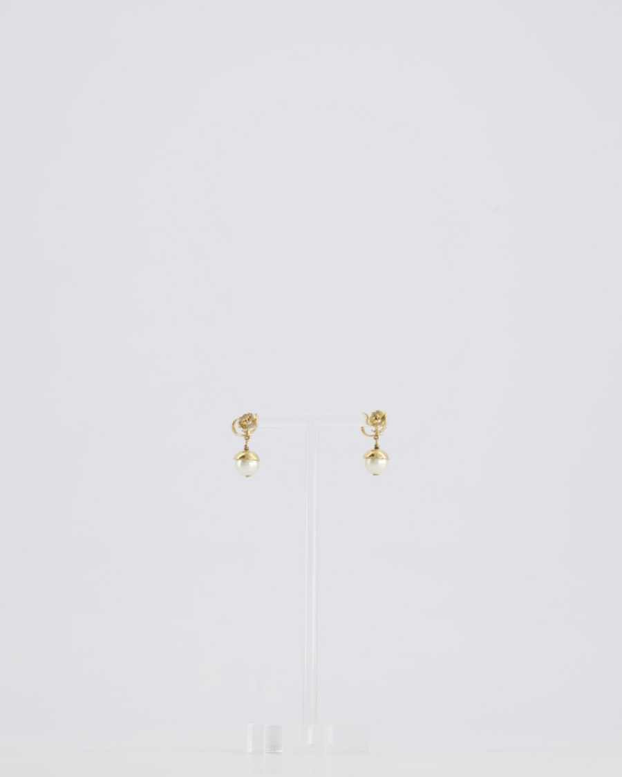 Christian Dior Pearl With Gold CD Drop Earrings