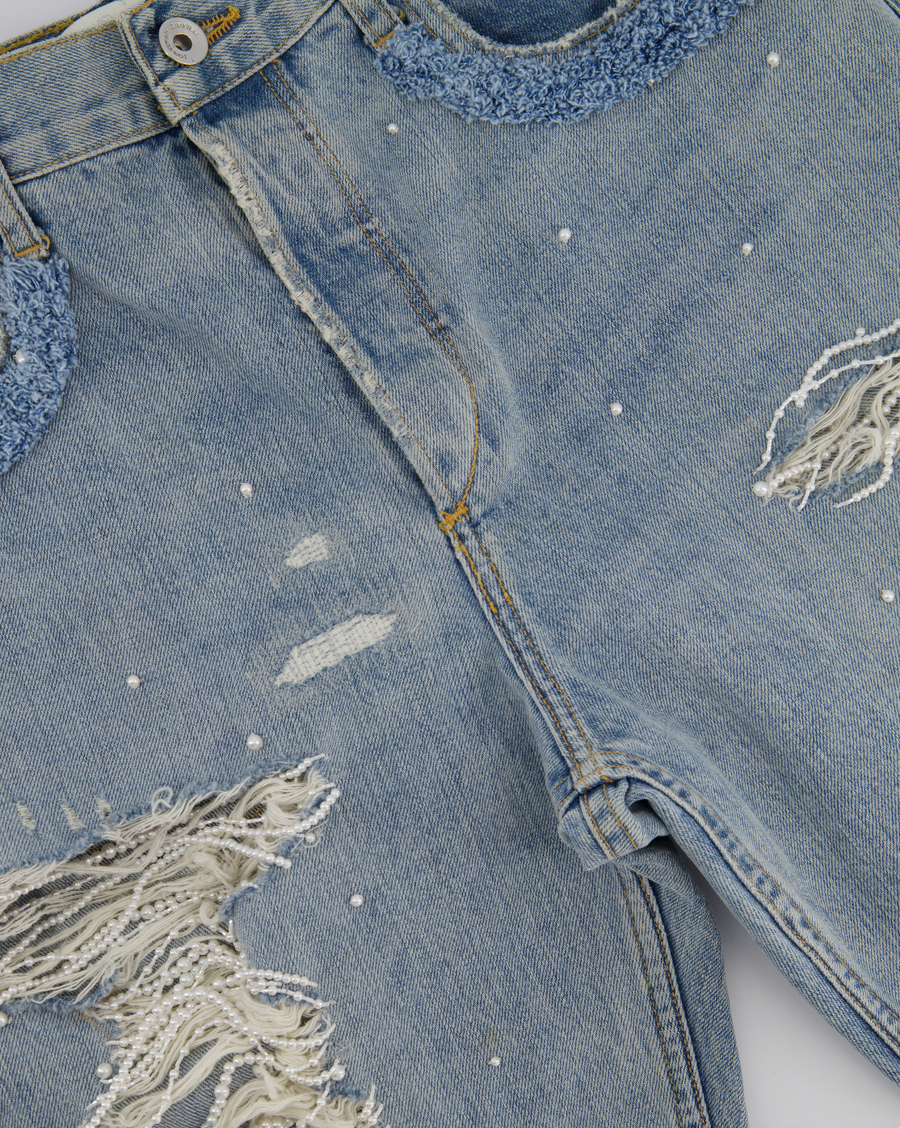 Jonathan Simkhai Blue Light Wash High-Waisted Straight Jeans with Distressed Detail and Pearl Embellishment Size 29 (UK 12)