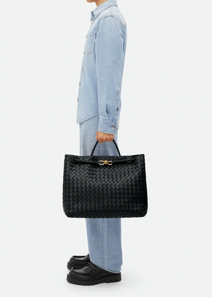 Bottega Veneta Black Andiamo Large Intrecciato Leather Top Handle Bag with Sliding Cross-Body and Gold Knot Hardware RRP £6,090