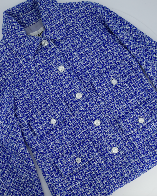 *HOT* Chanel 23P Blue, White & Navy Tweed Jacket with White CC Logo Button Details Size FR 38 (UK 10) RRP £5,170