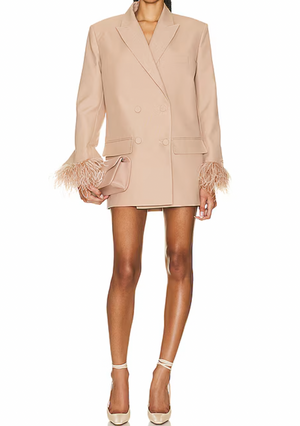 Valentino Beige Sand Feather Cuff Double-Breasted Blazer Size IT 42 (UK 10) RRP £3,800