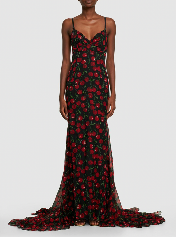 Dolce & Gabbana Black Cherry Printed Silk Maxi Chiffon Dress with Open Back Detail Size IT 42 (UK 10) RRP £3,850