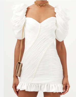 Alessandra Rich White Puff-Sleeve Ruched Crepe Mini Dress with Pearl Details Size IT 40 (UK 8)