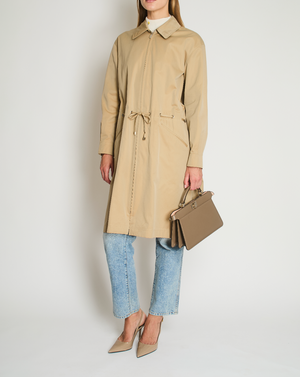 Chanel Vintage 99P Beige Cotton Long Line Belted Trench Coat with Collar and Silver Logo Zip Size FR 40 (UK 12)