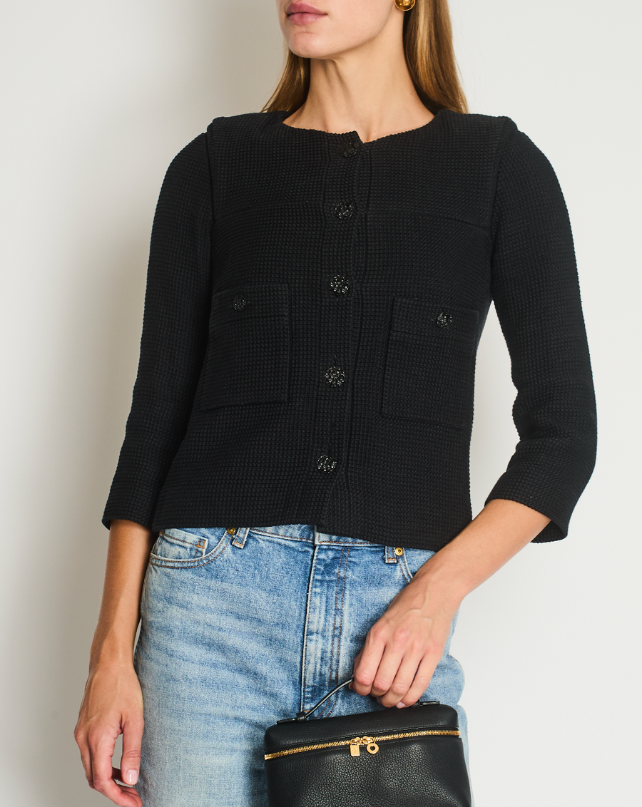 Chanel 12/C Black Collarless Long Sleeve Tweed Jacket Size FR 34
