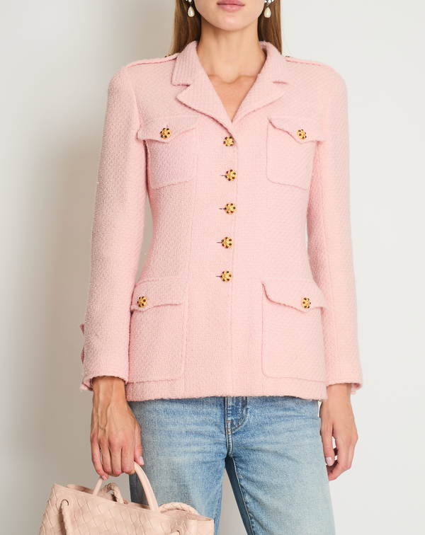 Chanel 96/A Vintage Pastel Pink Tweed Jacket with Gold Gripoix Buttons and Pocket Details FR 38 (UK 10)