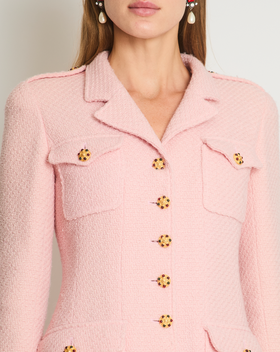 Chanel 96/A Vintage Pastel Pink Tweed Jacket with Gold Gripoix Buttons and Pocket Details FR 38 (UK 10)