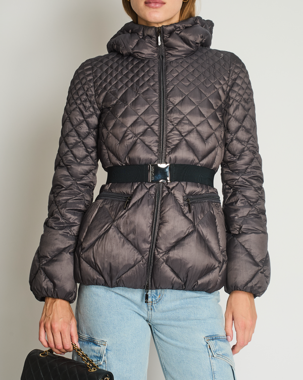 Moncler Charcoal Grey Puffer Jacket with Hood and Elastic Belt Size 1 (UK 8)