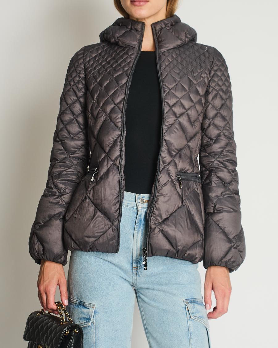 Moncler Charcoal Grey Puffer Jacket with Hood and Elastic Belt Size 1 (UK 8)