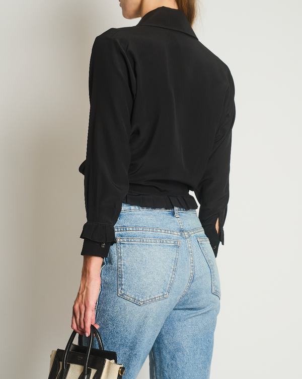 Chanel Black Silk Cropped tie-Up Shirt with Ruffle Detail Size FR 34 (UK 6)