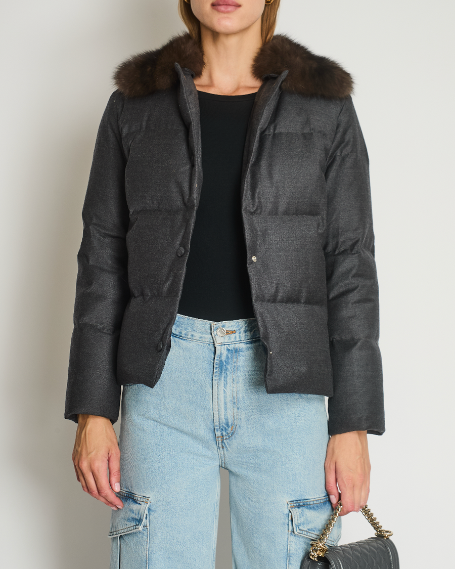 Yves Salomon Anthracite Puffer Jacket with Sable Fur and Belt Size FR 34 (UK 6)
