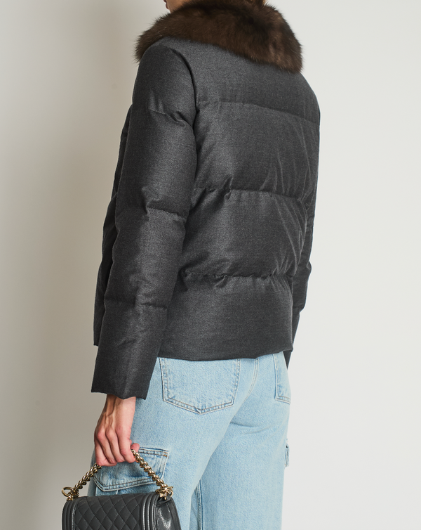 Yves Salomon Anthracite Puffer Jacket with Sable Fur and Belt Size FR 34 (UK 6)