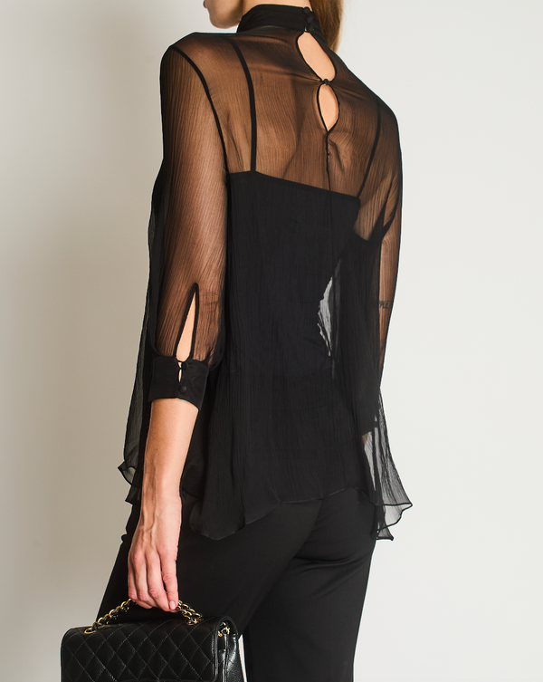 Alexander McQueen Black Ruched Silk Gauze Transparent Shirt with 3/4 Sleeves and Button Detail IT 40 (UK 8)