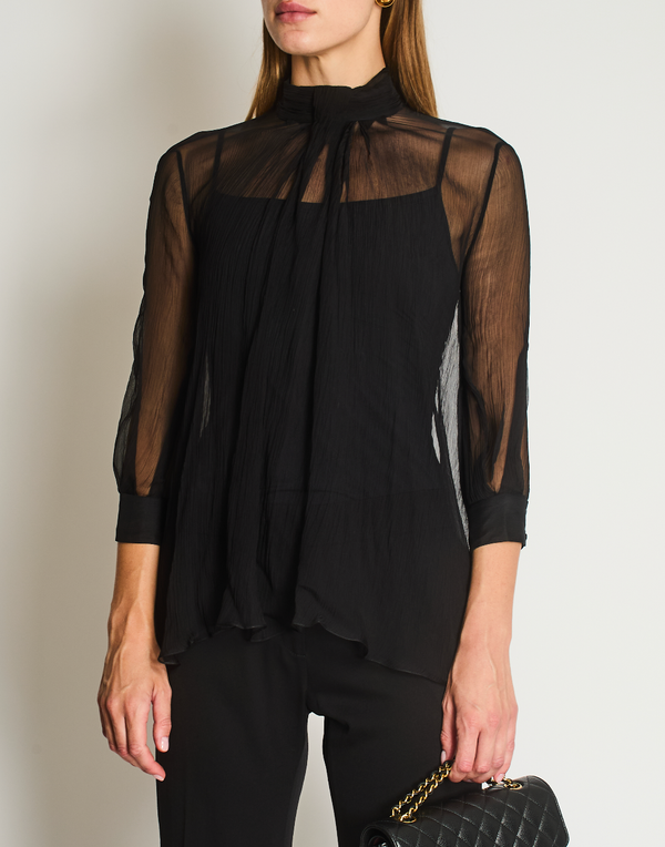 Alexander McQueen Black Ruched Silk Gauze Transparent Shirt with 3/4 Sleeves and Button Detail IT 40 (UK 8)