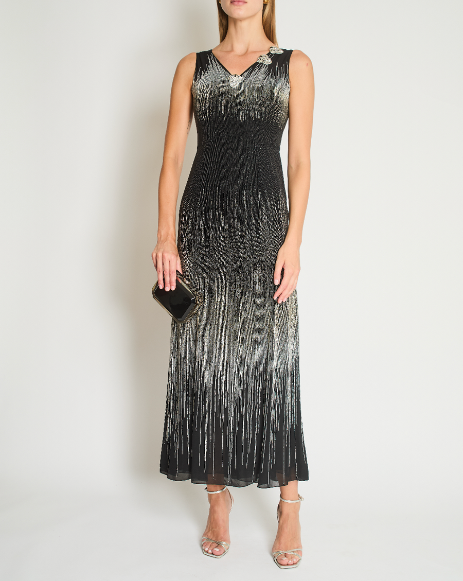Oscar De La Renta Black and Silver Beaded Midi Dress With Crystal Applique Details Size US 4 (UK 8)