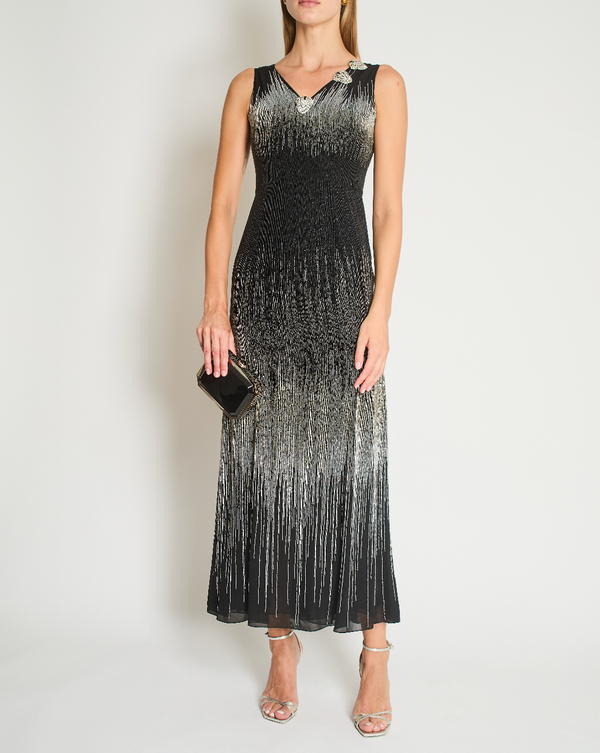 Oscar De La Renta Black and Silver Beaded Midi Dress With Crystal Applique Details Size US 4 (UK 8)